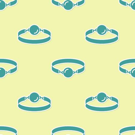 Green Silicone ball gag with a leather belt icon isolated seamless pattern on yellow background. Fetish accessory. Sex toy for men and woman. Vector Illustrationのイラスト素材