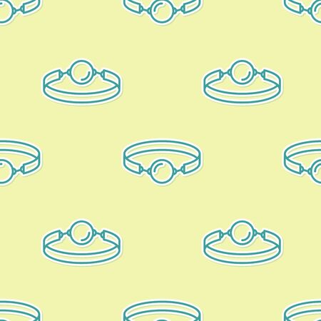 Green Silicone ball gag with a leather belt icon isolated seamless pattern on yellow background. Fetish accessory. Sex toy for men and woman. Vector Illustrationのイラスト素材