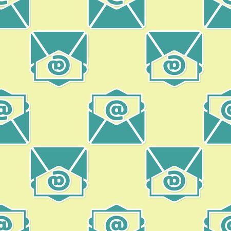 Green Mail and e-mail icon isolated seamless pattern on yellow background. Envelope symbol e-mail. Email message sign. Flat design. Vector Illustrationのイラスト素材