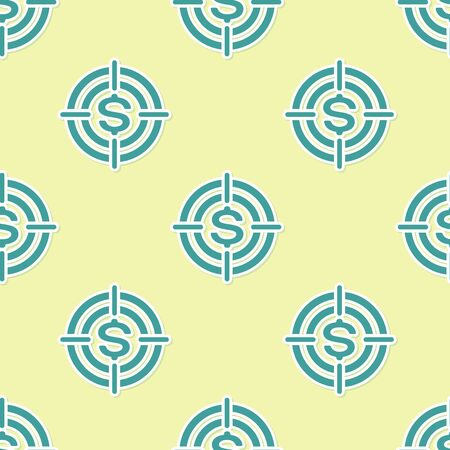 Green Target with dollar symbol icon isolated seamless pattern on yellow background. Investment target icon. Successful business concept. Cash or Money sign. Flat design. Vector Illustrationのイラスト素材