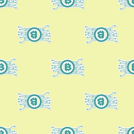 Green Cryptocurrency concept bitcoin in circle with microchip circuit icon isolated seamless pattern on yellow background. Blockchain technology, digital money market. Flat design. Vector Illustrationのイラスト素材