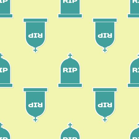Green Tombstone with RIP written on it icon isolated seamless pattern on yellow background. Grave icon. Flat design. Vector Illustrationのイラスト素材