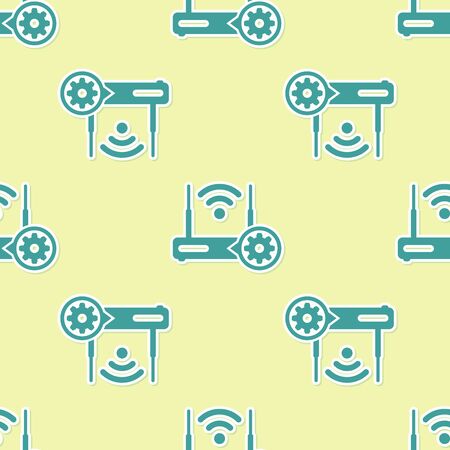 Green Router and wireless signal and gear icon isolated seamless pattern on yellow background. Adjusting app, service concept, setting options, maintenance, repair, fixing. Vector Illustrationのイラスト素材