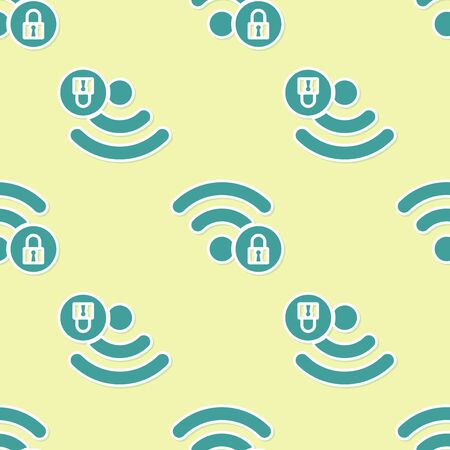 Green Wifi locked sign icon isolated seamless pattern on yellow background. Password wireless symbol. Wireless Network icon. Wifi zone. Vector Illustrationのイラスト素材