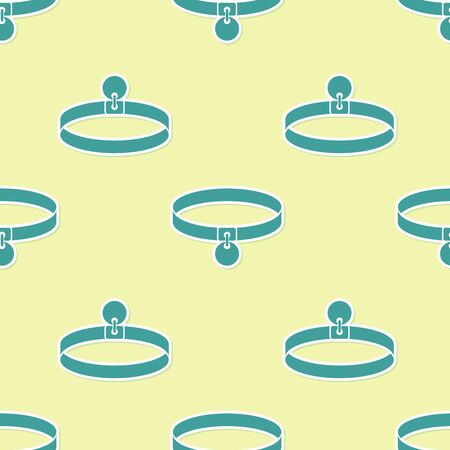 Green Collar with name tag icon isolated seamless pattern on yellow background. Simple supplies for domestic animal. Cat and dog care. Pet chains. Vector Illustrationのイラスト素材