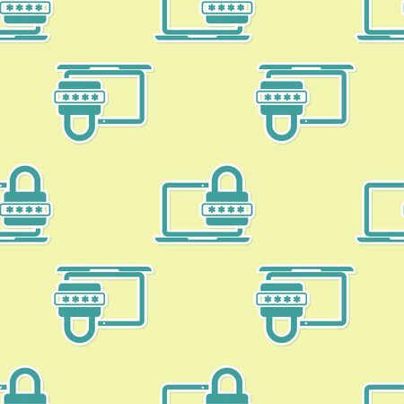 Green Laptop with password notification and lock icon isolated seamless pattern on yellow background. Concept of security, personal access, user authorization, login form. Vector Illustrationのイラスト素材