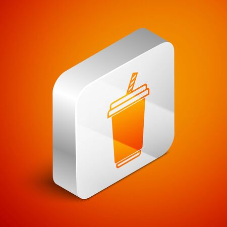 Isometric Glass with water icon isolated on orange background. Soda drink glass with drinking straw. Fresh cold beverage symbol. Silver square button. Vector Illustrationのイラスト素材