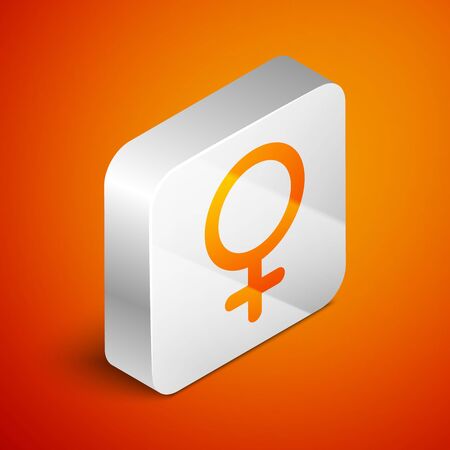 Isometric Female gender symbol icon isolated on orange background. Venus symbol. The symbol for a female organism or woman. Silver square button. Vector Illustrationのイラスト素材