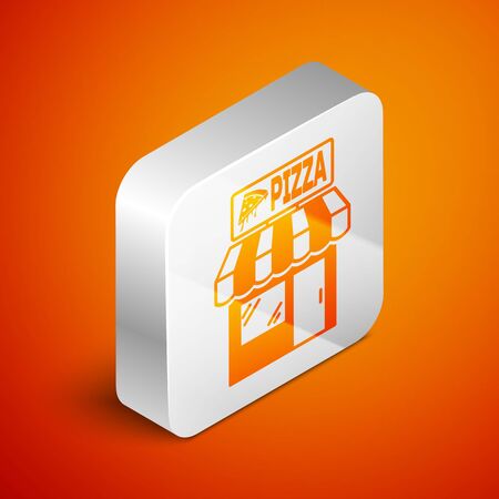 Isometric Pizzeria building facade icon isolated on orange background. Fast food pizzeria kiosk. Silver square button. Vector Illustrationのイラスト素材