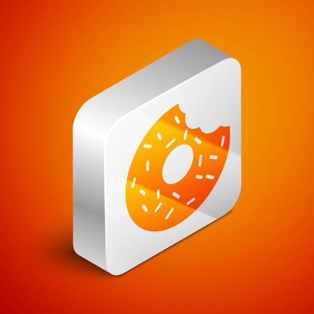 Isometric Donut with sweet glaze icon isolated on orange background. Silver square button. Vector Illustrationのイラスト素材