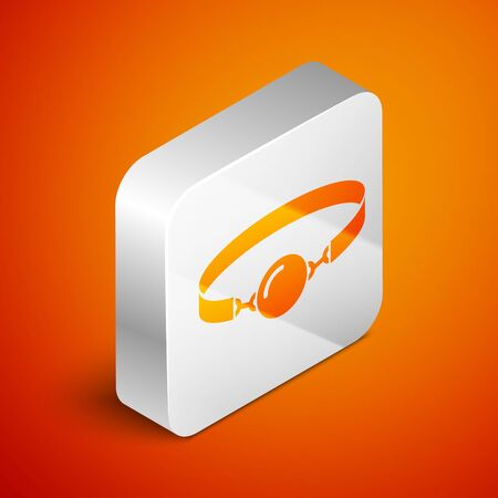 Isometric Silicone ball gag with a leather belt icon isolated on orange background. Fetish accessory. Sex toy for men and woman. Silver square button. Vector Illustrationのイラスト素材