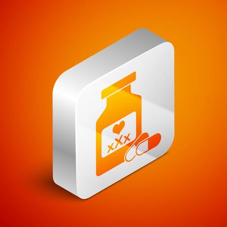 Isometric Medicine bottle with pills for potency, aphrodisiac icon isolated on orange background. Sex pills for men and women. Silver square button. Vector Illustrationのイラスト素材