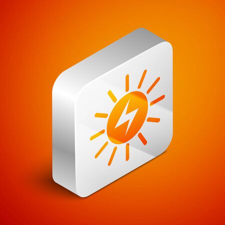 Isometric Solar energy panel icon isolated on orange background. Silver square button. Vector Illustrationのイラスト素材