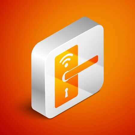Isometric Digital door lock with wireless technology for unlock icon isolated on orange background. Door handle sign. Security smart home of concept. Silver square button. Vector Illustrationのイラスト素材
