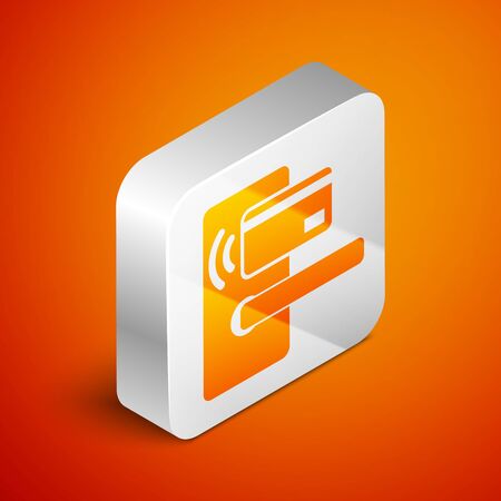 Isometric Digital door lock with wireless technology for unlock icon isolated on orange background. Door handle sign. Security smart home of concept. Silver square button. Vector Illustrationのイラスト素材