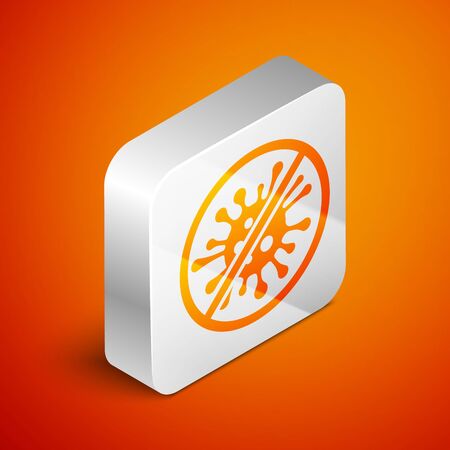 Isometric Stop virus, bacteria, germs and microbe icon isolated on orange background. Antibacterial and antiviral defence, protection infection. Silver square button. Vector Illustrationのイラスト素材