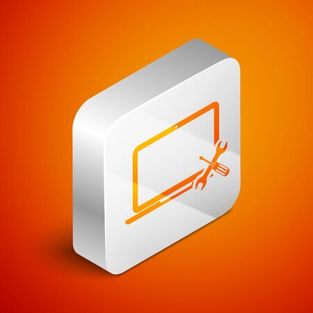 Isometric Laptop with screwdriver and wrench icon isolated on orange background. Adjusting, service, setting, maintenance, repair, fixing. Silver square button. Vector Illustrationのイラスト素材