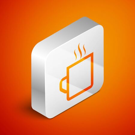 Isometric Coffee cup flat icon isolated on orange background. Tea cup. Hot drink coffee. Silver square button. Vector Illustrationのイラスト素材