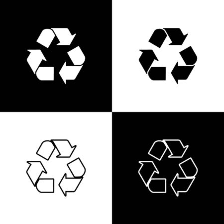 Set Recycle symbol icons isolated on black and white background. Circular arrow icon. Environment recyclable go green. Vector Illustrationのイラスト素材