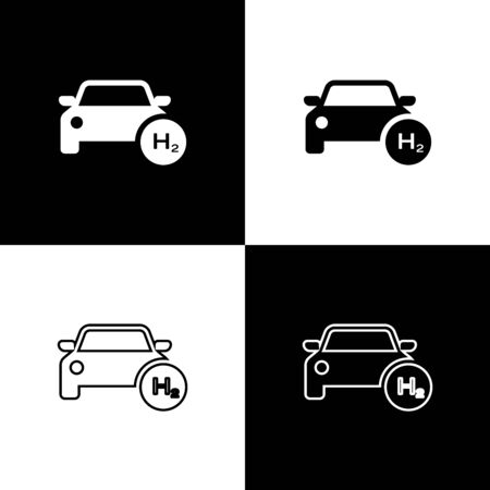 Set Hydrogen car icons isolated on black and white background. H2 station sign. Hydrogen fuel cell car eco environment friendly zero emission. Vector Illustrationのイラスト素材