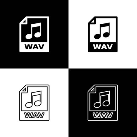 Set WAV file document icon. Download wav button icons isolated on black and white background. WAV waveform audio file format for digital audio riff files. Vector Illustrationのイラスト素材