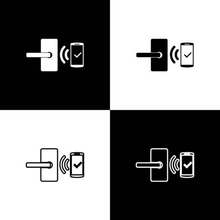 Set Digital door lock with wireless technology for unlock icons isolated on black and white background. Door handle sign. Security smart home of concept. Vector Illustrationのイラスト素材