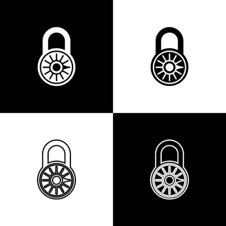 Set Safe combination lock wheel icons isolated on black and white background. Combination padlock. Security, safety, protection, password, privacy concept. Vector Illustrationのイラスト素材