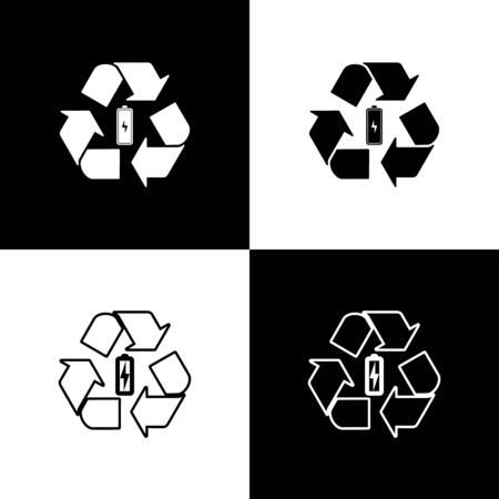 Set Battery with recycle symbol line icon isolated icons isolated on black and white background. Battery with recycling symbol - renewable energy concept. Vector Illustrationのイラスト素材