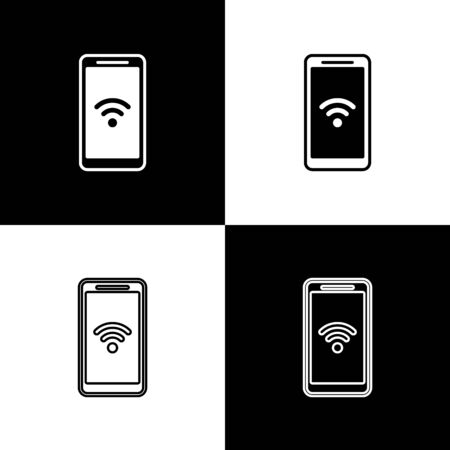 Set Smartphone with free wireless connection icon isolated icons isolated on black and white background. Wireless technology, wireless connection, wireless network. Vector Illustrationのイラスト素材