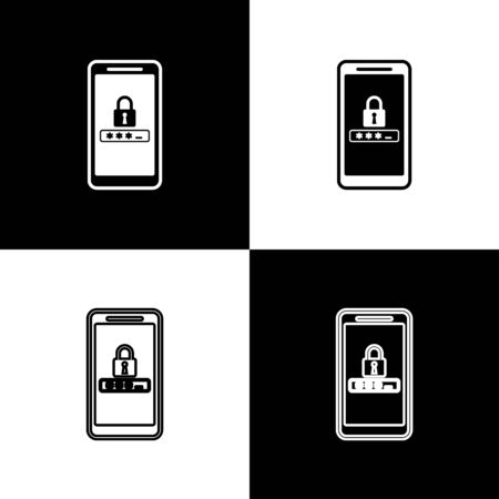 Set Mobile phone and password protection icon isolated icons isolated on black and white background. Security, safety, personal access, user authorization, privacy. Vector Illustrationのイラスト素材
