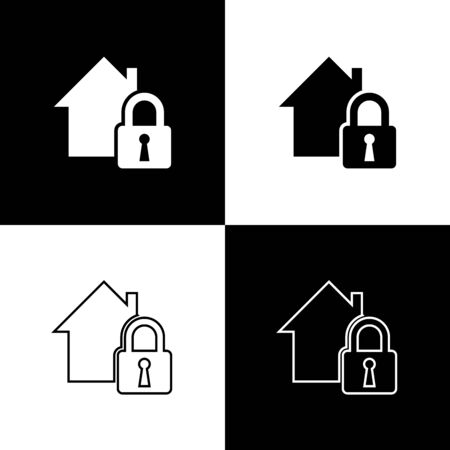 Set House under protection icon isolated icons isolated on black and white background. Home and lock. Protection, safety, security, protect, defense concept. Vector Illustrationのイラスト素材