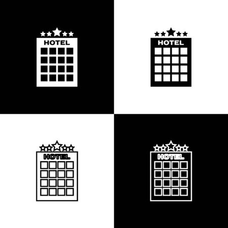 Set Hotel building icon isolated on black and white background. Vector Illustrationのイラスト素材