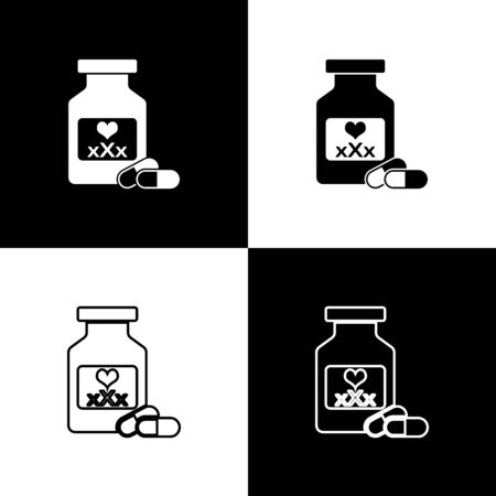 Set Medicine bottle with pills for potency, aphrodisiac icon isolated on black and white background. Sex pills for men and women. Vector Illustrationのイラスト素材