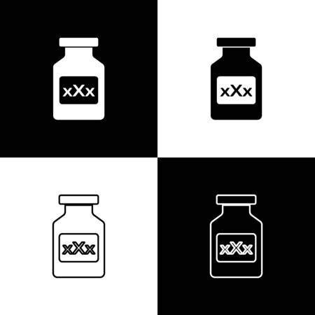 Set Medicine bottle with pills for potency, aphrodisiac icon isolated on black and white background. Sex pills for men and women. Vector Illustrationのイラスト素材