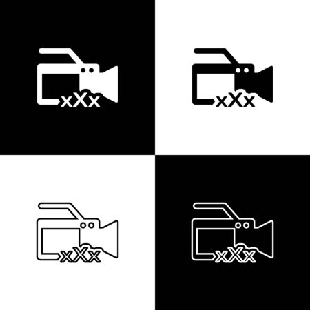 Set Video camera with inscription XXX icon isolated on black and white background. Age restriction symbol. 18 plus content sign. Adult channel. Vector Illustrationのイラスト素材