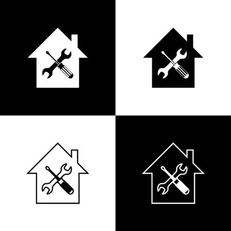 Set House or home with screwdriver and wrench icon isolated on black and white background. Adjusting, service, setting, maintenance, repair, fixing. Vector Illustrationのイラスト素材