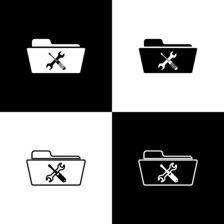 Set Folder with screwdriver and wrench icon isolated on black and white background. Adjusting, service, setting, maintenance, repair, fixing. Vector Illustrationのイラスト素材