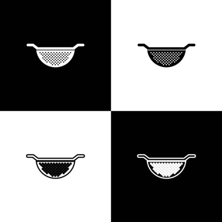 Set Kitchen colander icon isolated on black and white background. Cooking utensil. Cutlery sign. Vector Illustrationのイラスト素材