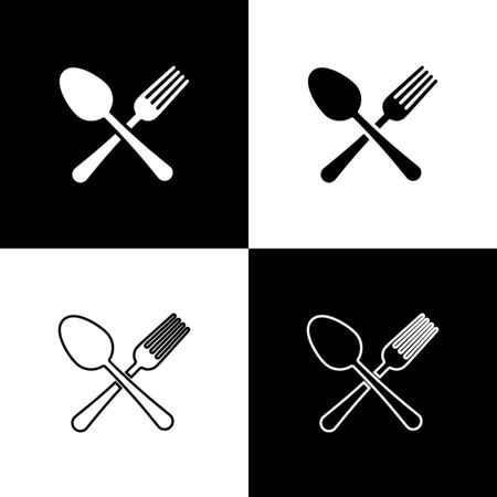 Set Crossed fork and spoon icon isolated on black and white background. Cooking utensil. Cutlery sign. Vector Illustrationのイラスト素材