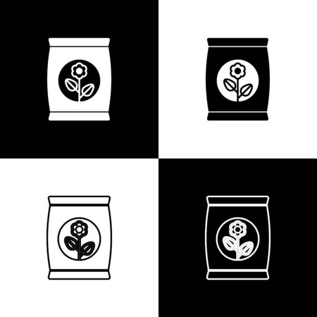 Set Fertilizer bag icon isolated on black and white background. Vector Illustrationのイラスト素材