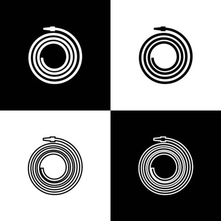 Set Garden hose or fire hose icon isolated on black and white background. Spray gun icon. Watering equipment. Vector Illustrationのイラスト素材