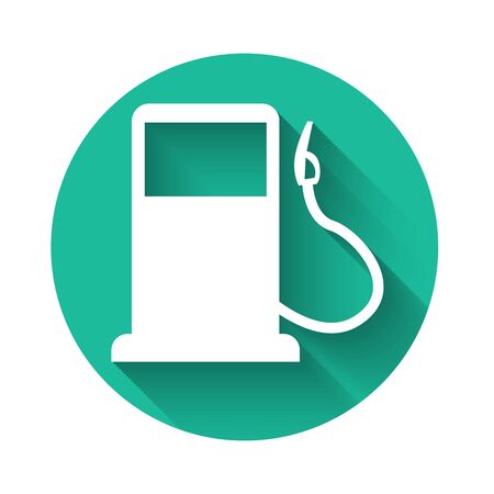 White Petrol or Gas station icon isolated with long shadow. Car fuel symbol. Gasoline pump. Green circle button. Vector Illustrationのイラスト素材