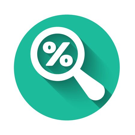 White Magnifying glass with percent discount icon isolated with long shadow. Discount offers searching. Search for discount sale sign. Green circle button. Vector Illustrationのイラスト素材