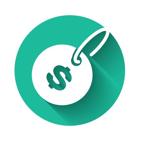 White Price tag with dollar icon isolated with long shadow. Badge for price. Sale with dollar symbol. Promo tag discount. Green circle button. Vector Illustrationのイラスト素材
