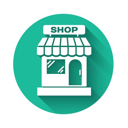 White Shopping building or market store icon isolated with long shadow. Shop construction. Green circle button. Vector Illustrationのイラスト素材
