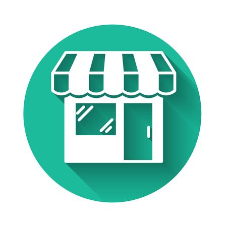 White Shopping building or market store icon isolated with long shadow. Shop construction. Green circle button. Vector Illustrationのイラスト素材