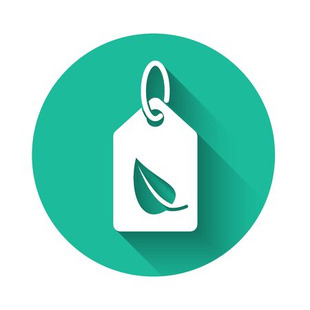White Tag with leaf symbol icon isolated with long shadow. Banner, label, tag, sticker for eco green. Green circle button. Vector Illustrationのイラスト素材