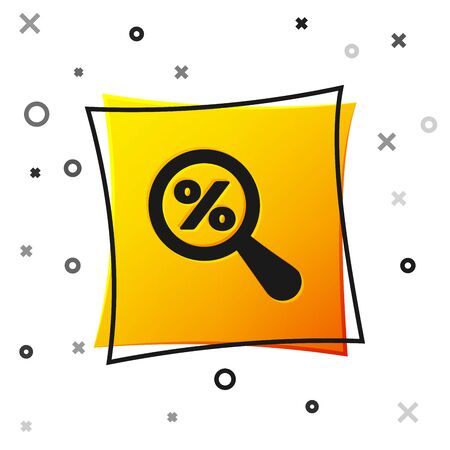 Black Magnifying glass with percent discount icon isolated on white background. Discount offers searching. Search for discount sale sign. Yellow square button. Vector Illustrationのイラスト素材