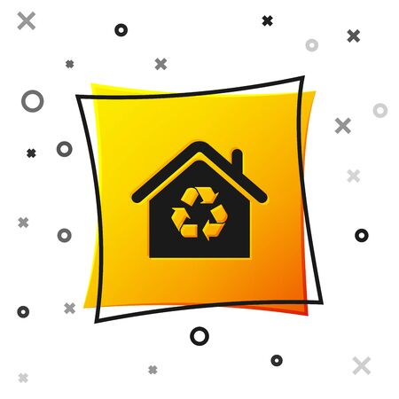 Black Eco House with recycling symbol icon isolated on white background. Ecology home with recycle arrows. Yellow square button. Vector Illustrationのイラスト素材