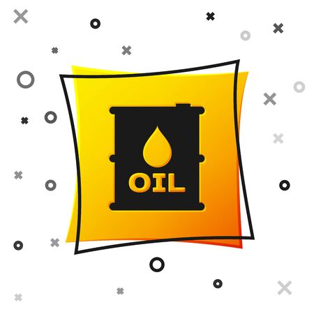 Black Oil barrel icon isolated on white background. Oil drum container. For infographics, fuel, industry, power, ecology. Yellow square button. Vector Illustrationのイラスト素材
